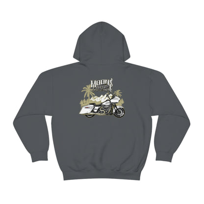 MOONSMC Road Glide Special Hooded Sweatshirt: dark gray hoodie showing the motorcycle and palm-tree graphic.