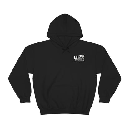 MOONSMC T-SPORT / FXDXT Hooded Sweatshirt: black hoodie with a small chest logo and pouch pocket.