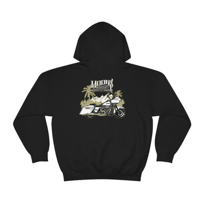 MOONSMC Road Glide Special Hooded Sweatshirt: black hoodie showing the motorcycle and palm-tree graphic.