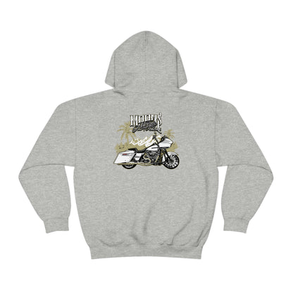 MOONSMC Road Glide Special Hooded Sweatshirt: light gray hoodie showing the motorcycle and palm-tree graphic.