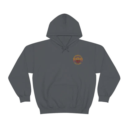 MOONSMC Samurai Mask Hooded Sweatshirt: dark gray hoodie with a small circular chest graphic.