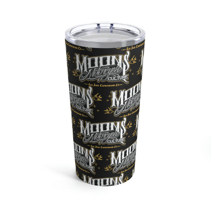 MOONSMC San Juan Capo Tumbler 20oz: black tumbler with repeating logos and a clear lid.