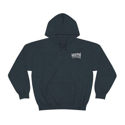 MOONSMC FXLRS Skull Rider Hooded Sweatshirt: dark blue hoodie with a small chest logo and pouch pocket.