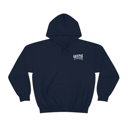 MOONSMC FXLRS Skull Rider Hooded Sweatshirt: navy hoodie with a small chest logo and pouch pocket.