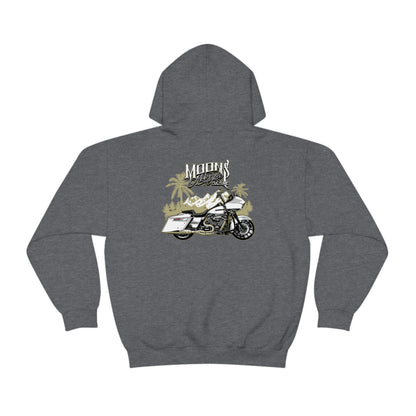 MOONSMC Road Glide Special Hooded Sweatshirt: heather charcoal hoodie showing the motorcycle and palm-tree graphic.