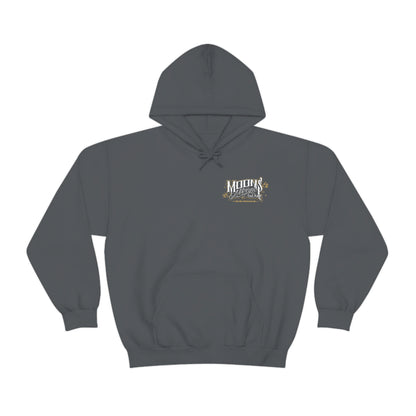 MOONSMC San Juan Capo OG Logo Hooded Sweatshirt: dark gray hoodie with a small chest logo and pouch pocket.