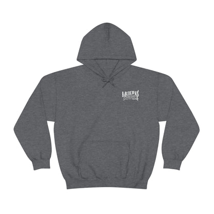 MOONSMC T-SPORT / FXDXT Hooded Sweatshirt: heather charcoal hoodie with a small chest logo and pouch pocket.