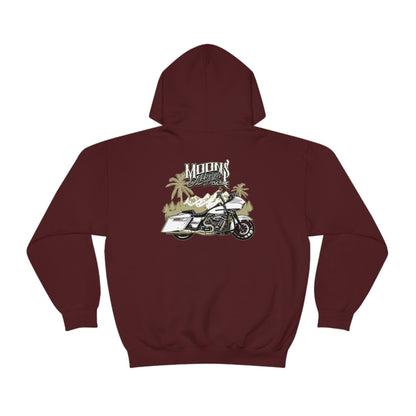 MOONSMC Road Glide Special Hooded Sweatshirt: burgundy hoodie showing the motorcycle and palm-tree graphic.