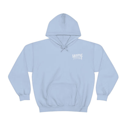 MOONSMC T-SPORT / FXDXT Hooded Sweatshirt: light blue hoodie with a small chest logo and pouch pocket.