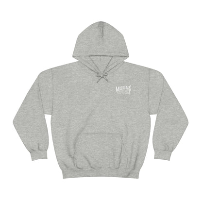 MOONSMC FXLRS Skull Rider Hooded Sweatshirt: light gray hoodie with a small chest logo and pouch pocket.