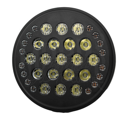 Front view of the black MOONSMC 7-inch Fly Eye V2 headlight with rows of round projector lenses.