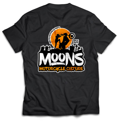 MOONSMC Dyna Graveyard Wheelie T-Shirt: black tee showing the large orange moon and wheelie back graphic.